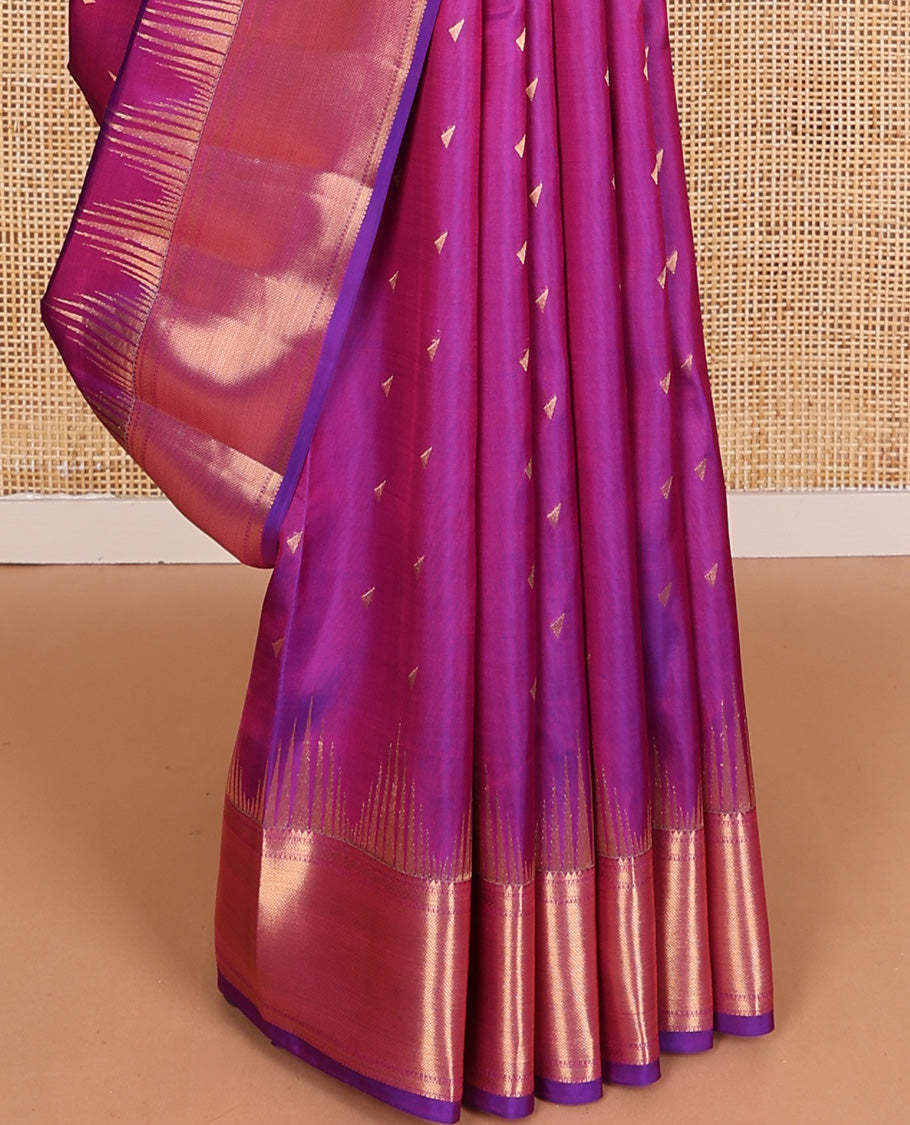Pink triangle zari buttas Vasundhara silk mix, temple traditional zari border, and diagonal floral design pallu