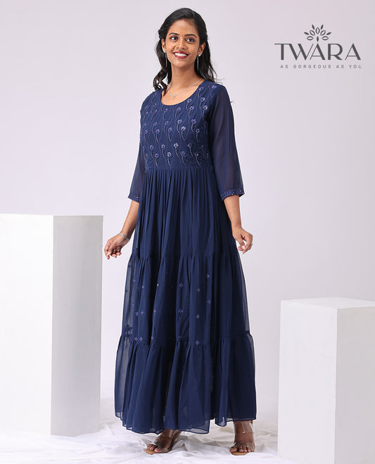 Twara blue floral embroidered round neck , 3/4 th sleeve , full lenght kurti
