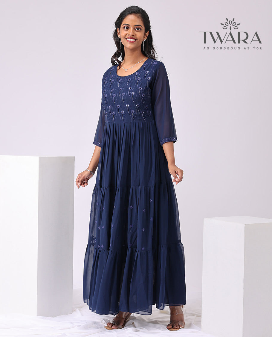 Twara blue floral embroidered round neck , 3/4 th sleeve , full lenght kurti