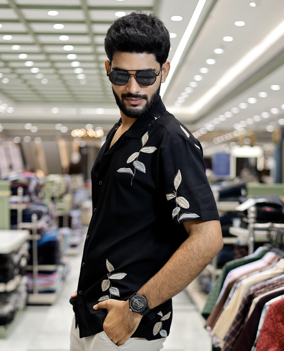 Black Leaf Embroidery Cotton-Blended Casual Shirt