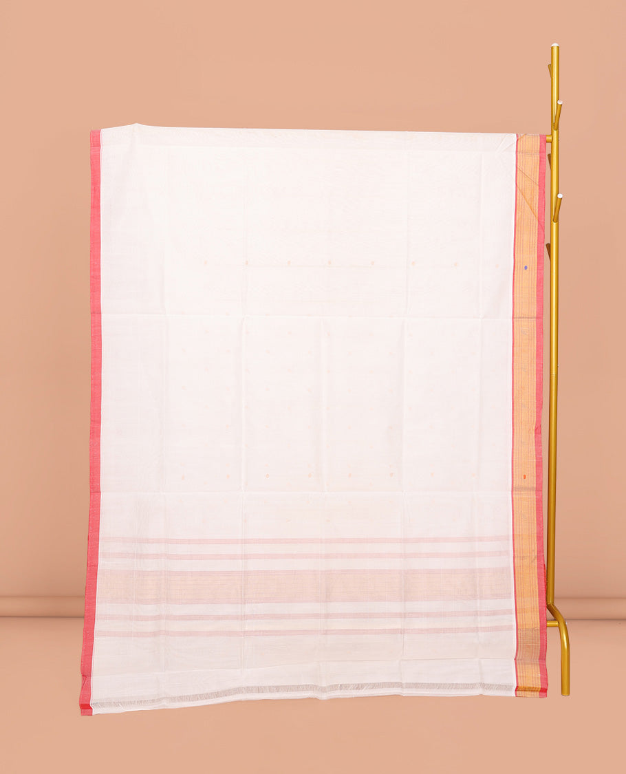 White Venkatagiri Cotton Saree Subtly Sparkled with Buttas, a Contrast Zari-Thread Border, Pallu of Stripes, and No Blouse