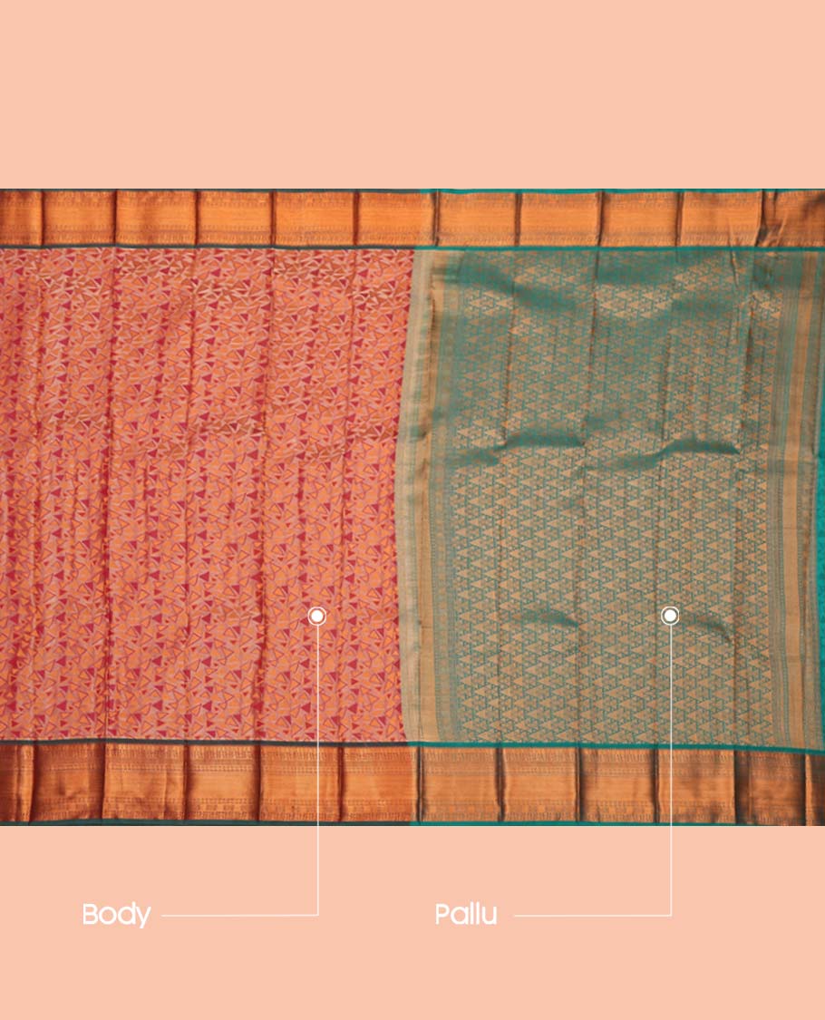 Grey Budget Silk Saree, Prettified with Triangle Design, Complemented by a Contrast Traditional Zari Border, Intricately Designed Pallu, and a Contrast Blouse