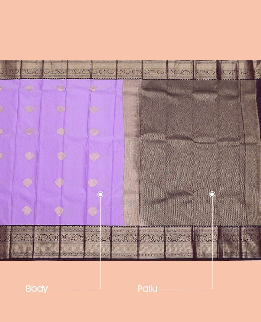 Lavender Budget Silk Saree, Subtly Sparkled with Zari Buttas, Complemented by a Contrast Traditional Zari Border, Grand Pallu, and a Contrast Blouse
