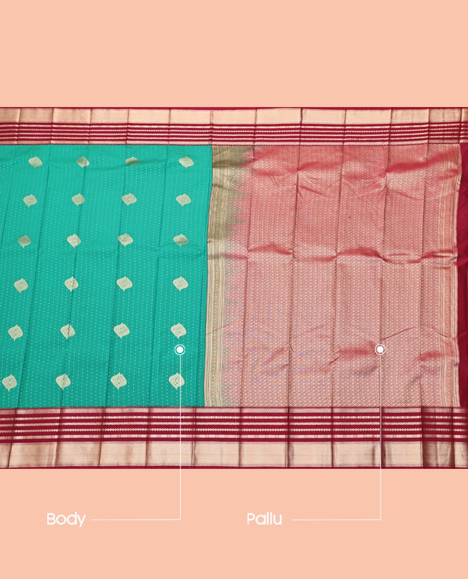 Green Budget Silk Saree, Finely Crafted with Zari Buttas, a Contrast Traditional Zari Border, Grand Pallu, and a Contrast Blouse