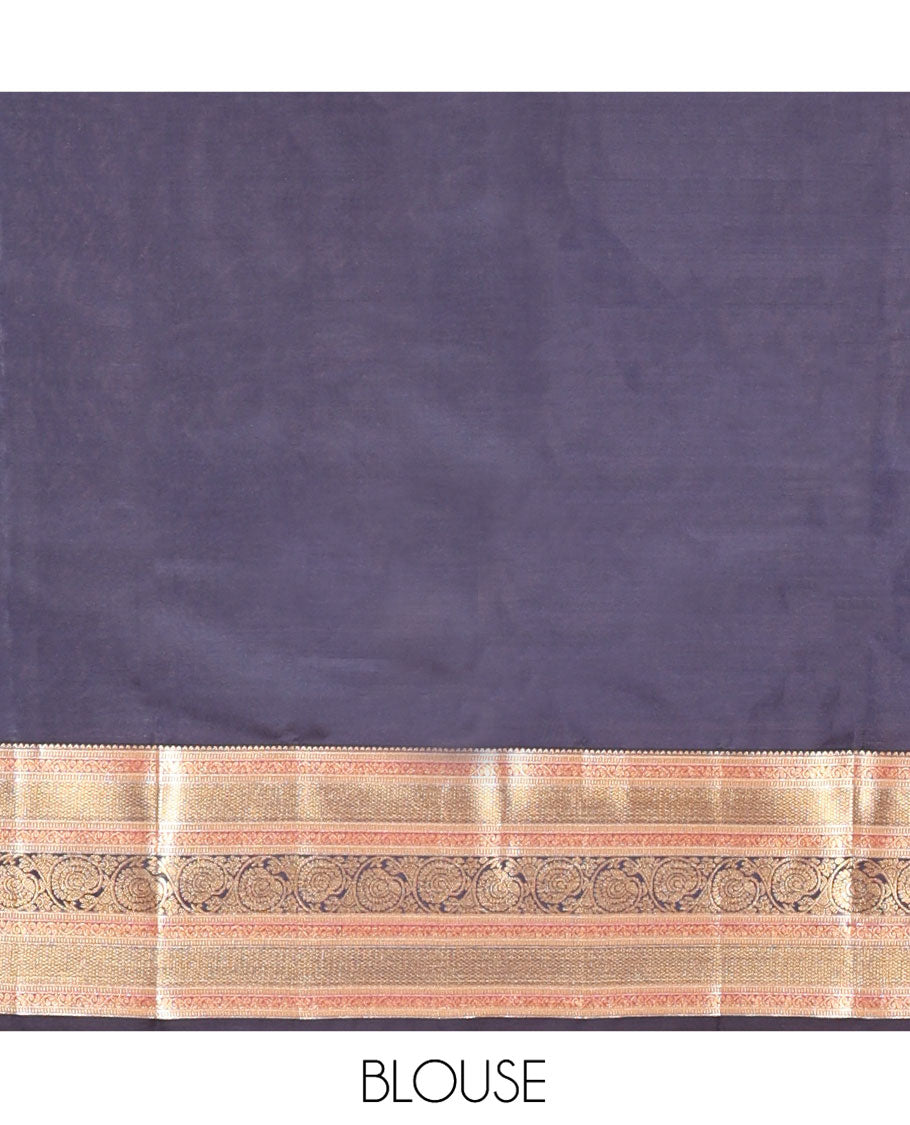 Blue Vasundhara Lite Silk Saree, Graced with Zari Buttas All Over Its Body, Complemented by Contrast Border of Mayil Kann and Dhavana Kodi Designs, Grand Jaal Pallu and Paired with a Contrast Blouse