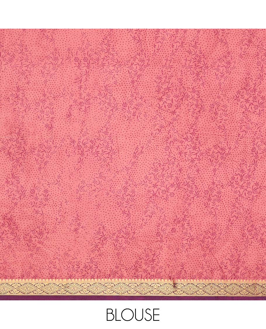 Pink floral printed semi-banaras printed saree, contrast diamond zari border & intricate pallu