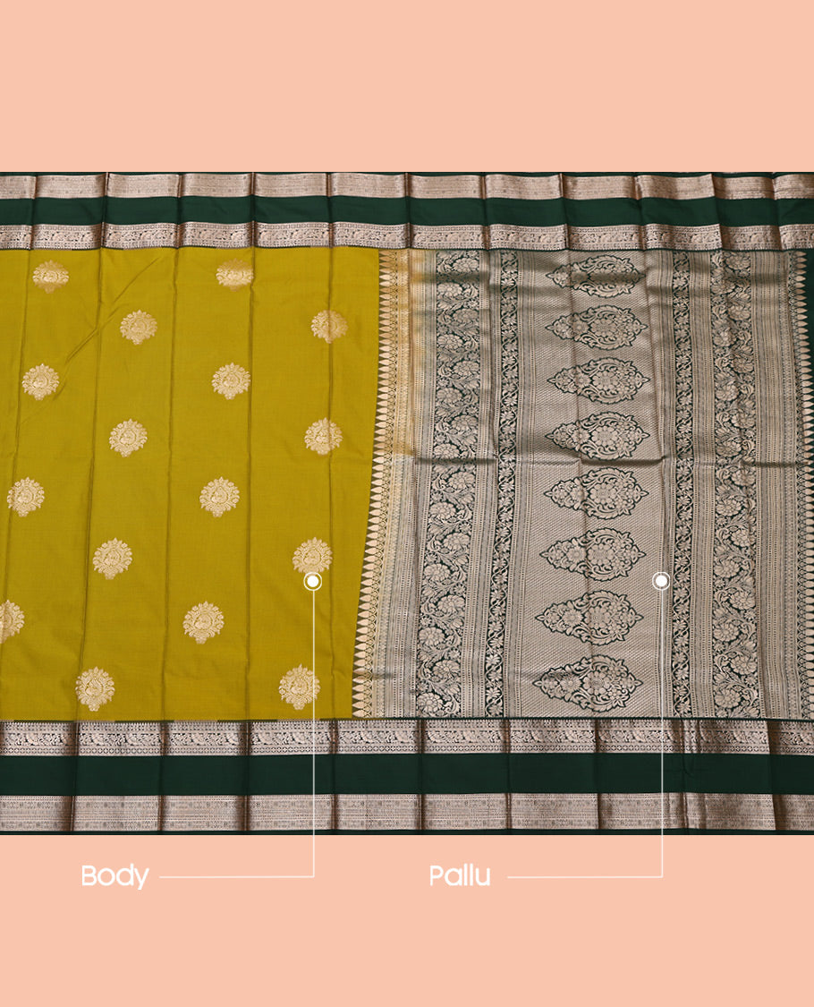 Green Budget Silk Saree, Graced with Zari Buttas All Over Its Body, Complemented by a Contrast Traditional Zari Design Rettai Pettu Border, Intricate Pallu, and Paired with a Contrast Blouse