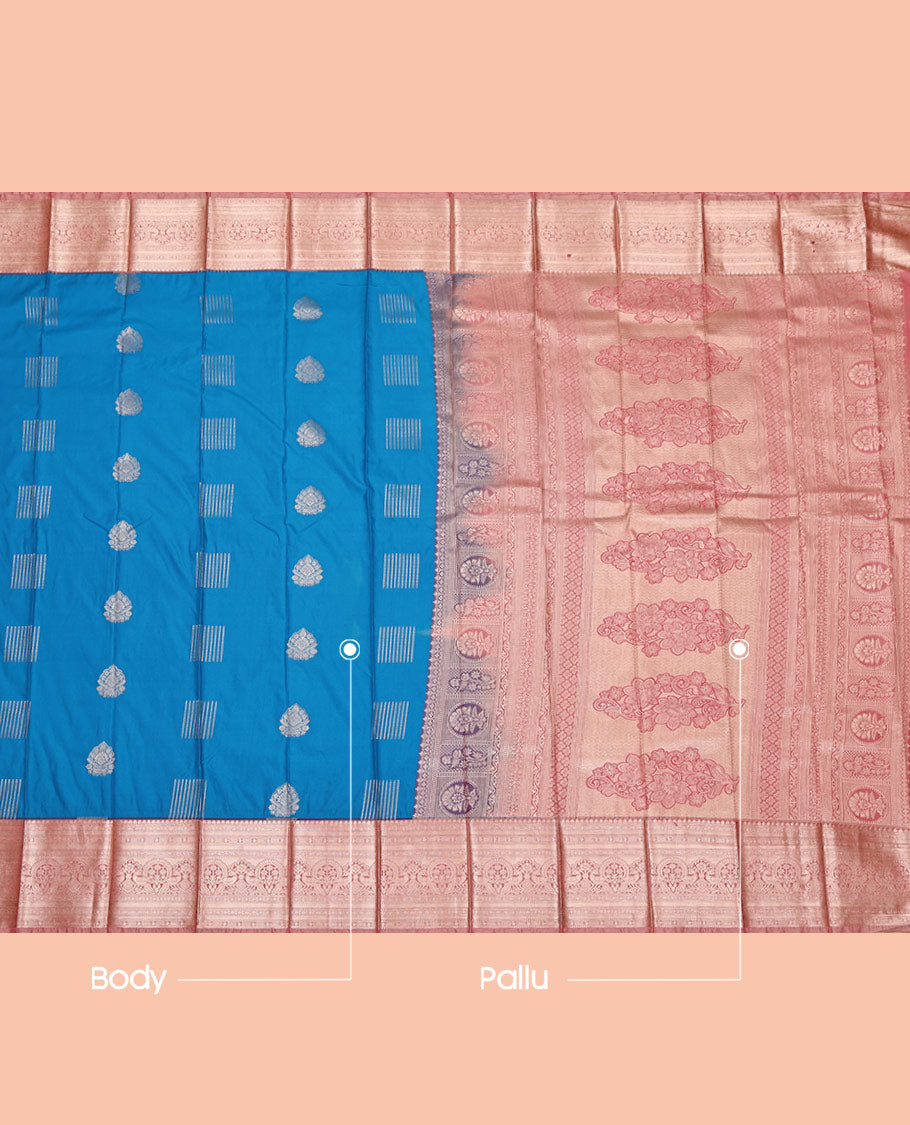 Blue Budget Silk Saree, Delicately Woven with Zari Buttas on Its Body, Complemented by a Contrast Traditional Zari Design Border, Intricately Designed Pallu, and Paired with a Contrast Blouse