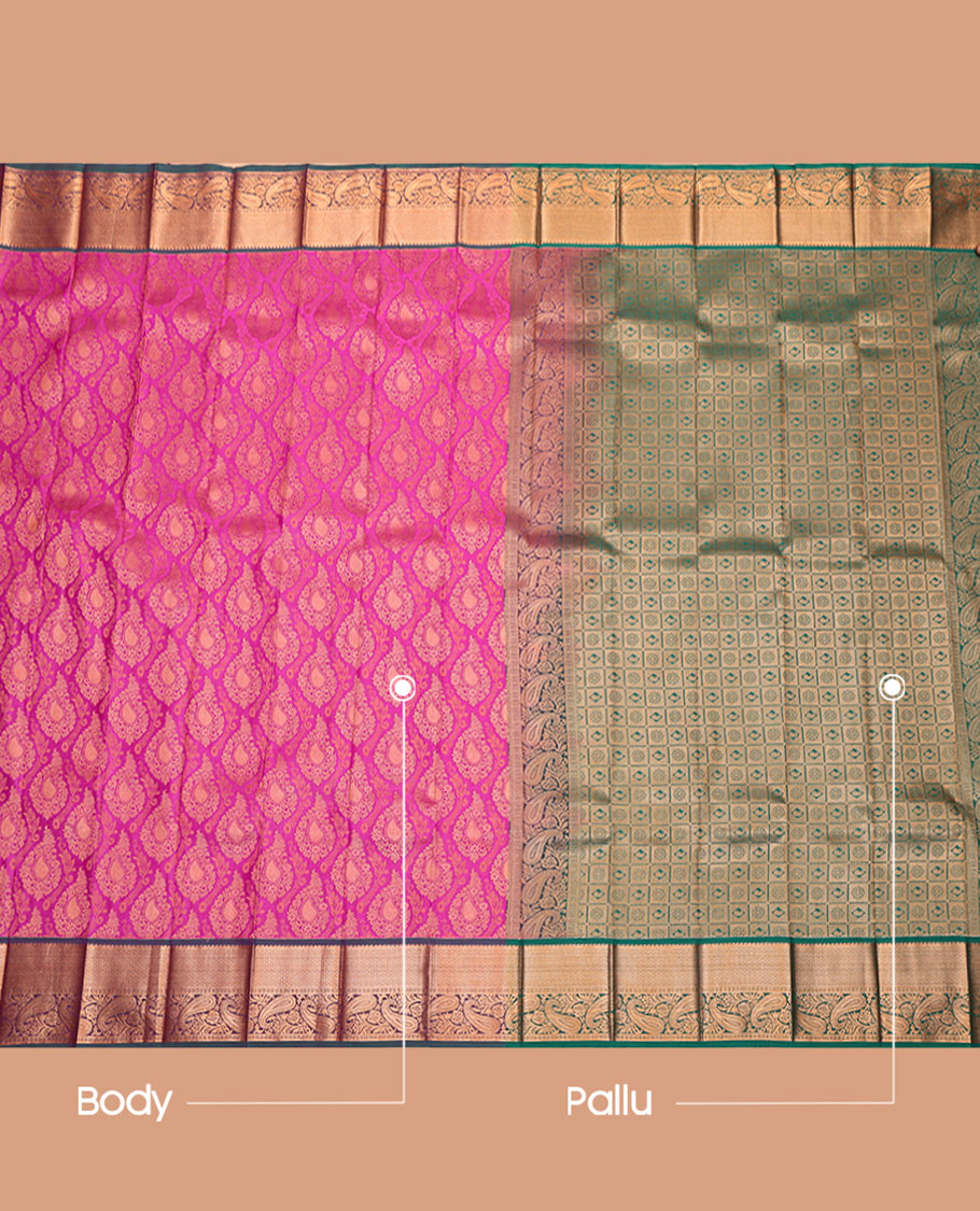 Pink Budget Silk Saree, Detailed with Jacquard Design, Complemented by a Contrast Paisley Zari Border, Grand Pallu, and Contrast Blouse