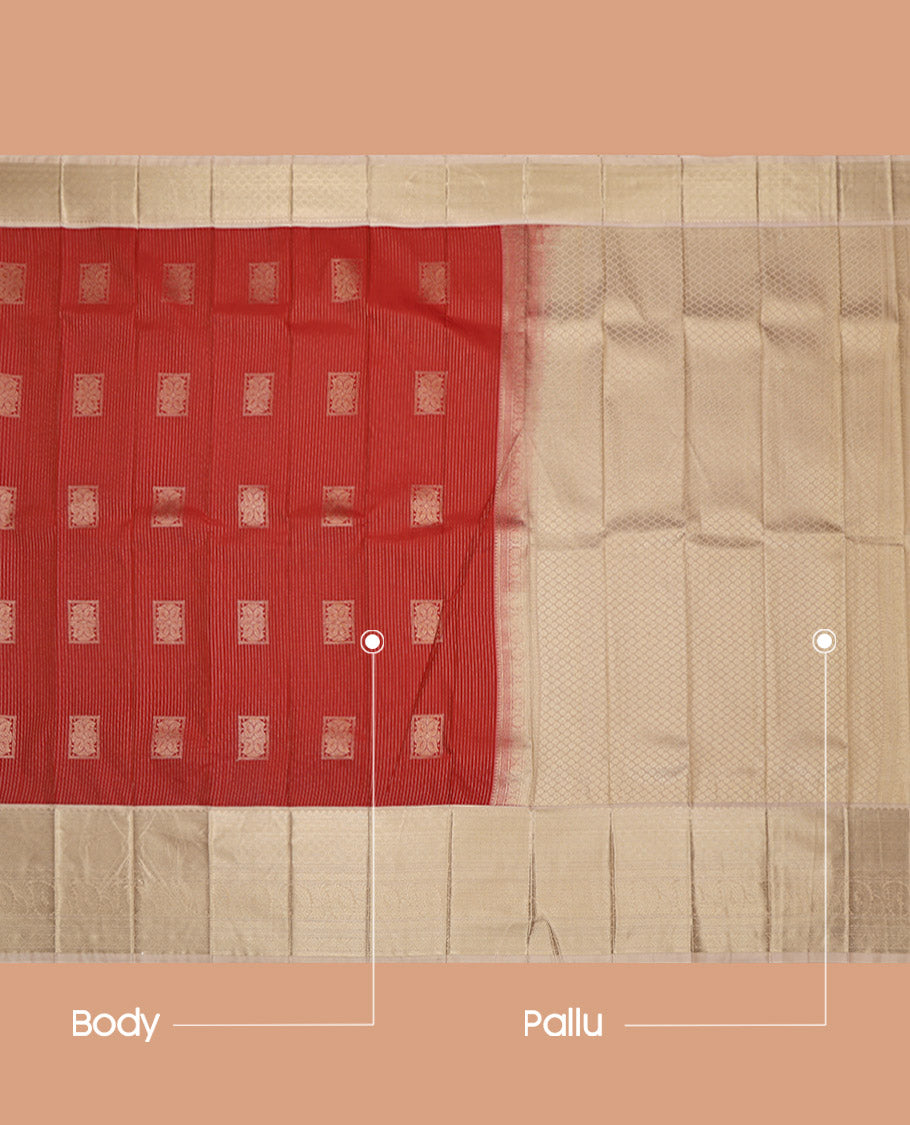 Red Budget Silk Saree, Finely Crafted with Zari Buttas and Stripes on Its Body, Complemented by a Contrast Traditional Zari Design Border, Grand Jaal Pallu, and Paired with a Contrast Blouse