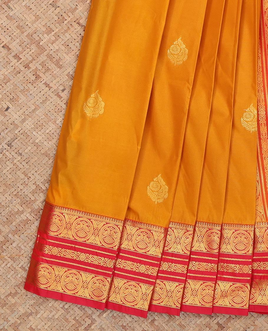 Mustard Budget Silk Saree, Accentuated with Zari Buttas, Complemented by Contrast Traditional Zari Border, a Grand Pallu and a Contrast Blouse