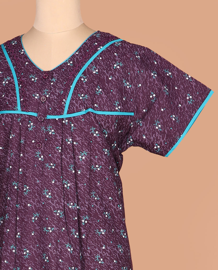 Purple floral motifs print with v-neck half-sleeve cotton nighty