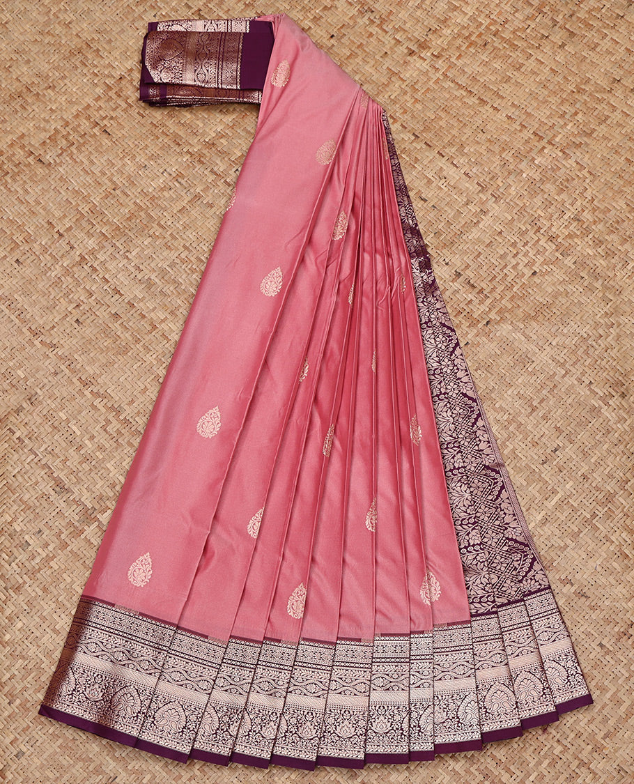 Pink Budget Silk Saree, Prettified with Zari Buttas All Over Its Body, Complemented by a Contrast Traditional Zari Design Border, Intricate Pallu, and Paired with a Contrast Blouse