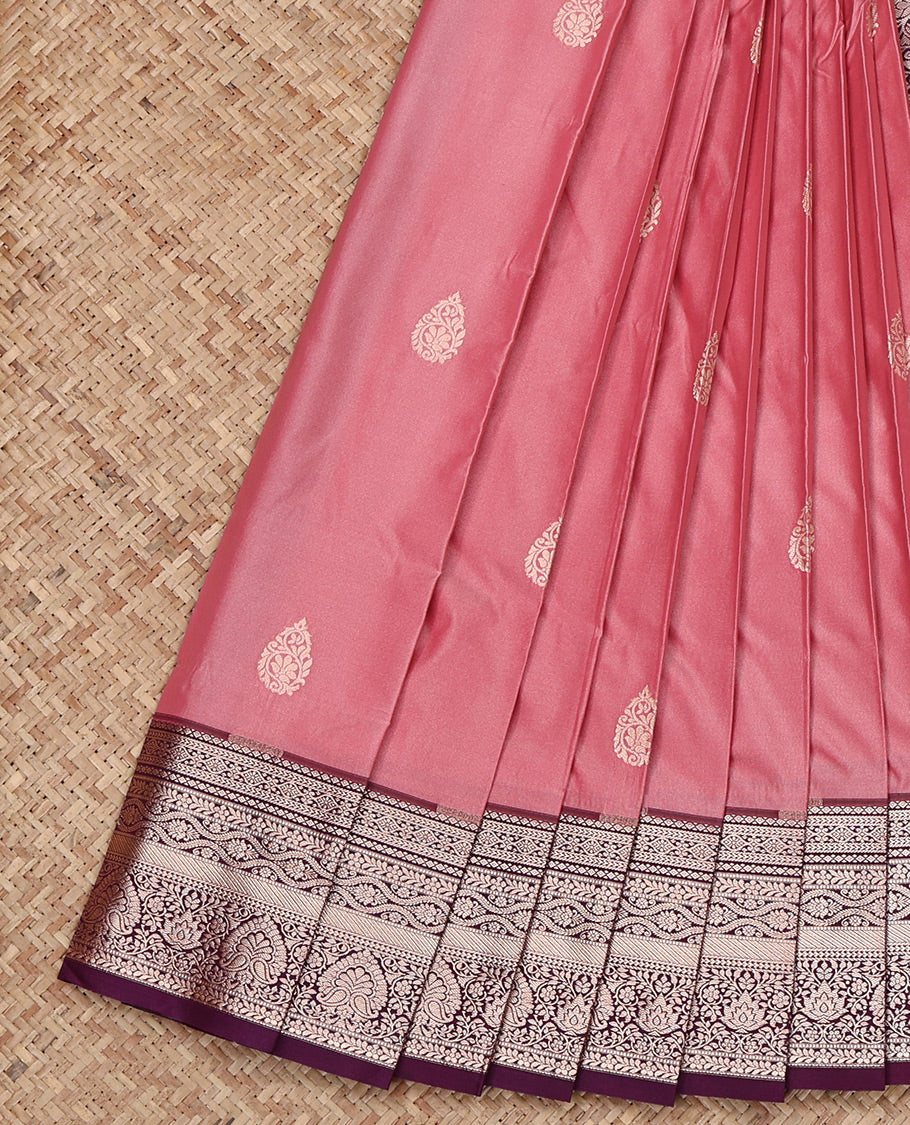Pink Budget Silk Saree, Prettified with Zari Buttas All Over Its Body, Complemented by a Contrast Traditional Zari Design Border, Intricate Pallu, and Paired with a Contrast Blouse