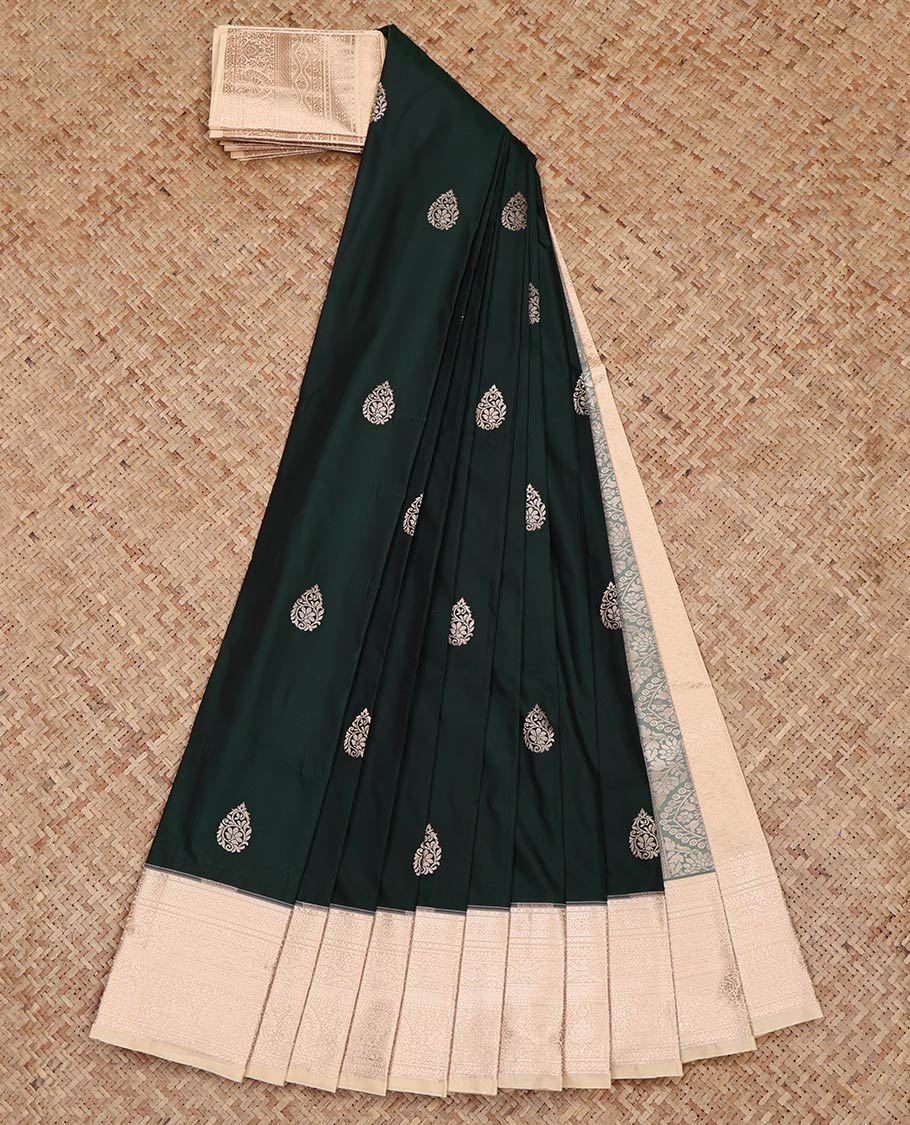 Green Budget Silk Saree, Showcasing Zari Buttas on Its Body, Complemented by a Contrast Traditional Zari Design Border, Intricately Designed Pallu, and Paired with a Contrast Blouse