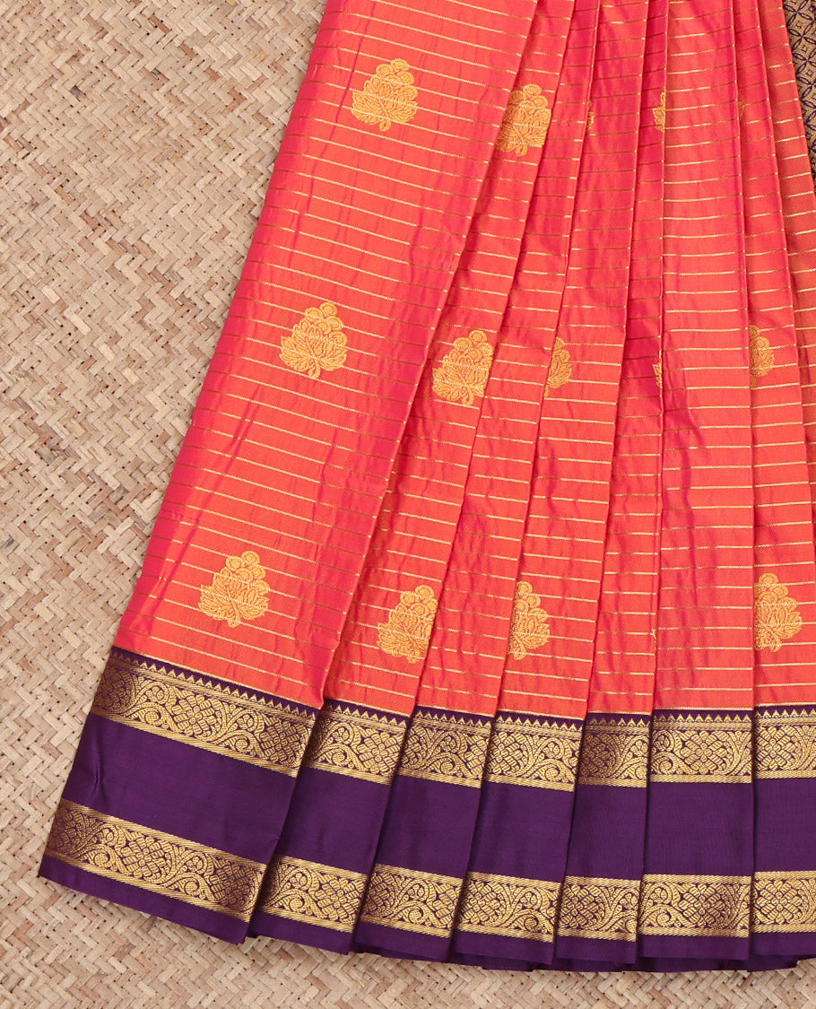Orange Budget Silk Saree, Detailed with Zari Buttas and Stripes on Its Body, Complemented by a Contrast Traditional Zari Design Rettai Pettu Border, Grand Jaal Pallu, and Paired with a Contrast Blouse