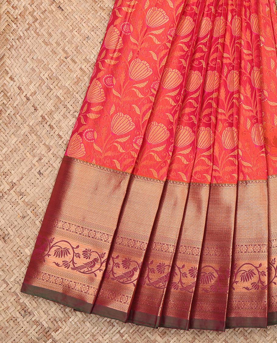 Orange Budget Silk Saree, Finely Crafted with Jacquard, Complemented by a Contrast Traditional Zari Border, Grand Jaal Pallu, and a Contrast Blouse
