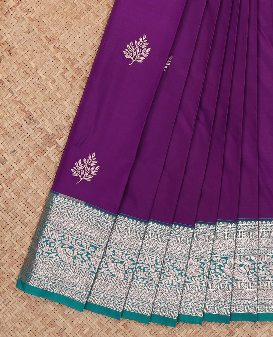 Violet Budget Silk Saree Featuring Zari Buttas, Complemented by a Contrast Traditional Zari Border, Grand Pallu, and a Contrast Blouse