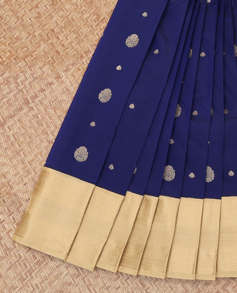 Blue Budget Silk Saree, Adorned with Zari Buttas, Complemented by Contrast Traditional Zari Border, a Grand Pallu and a Contrast Blouse