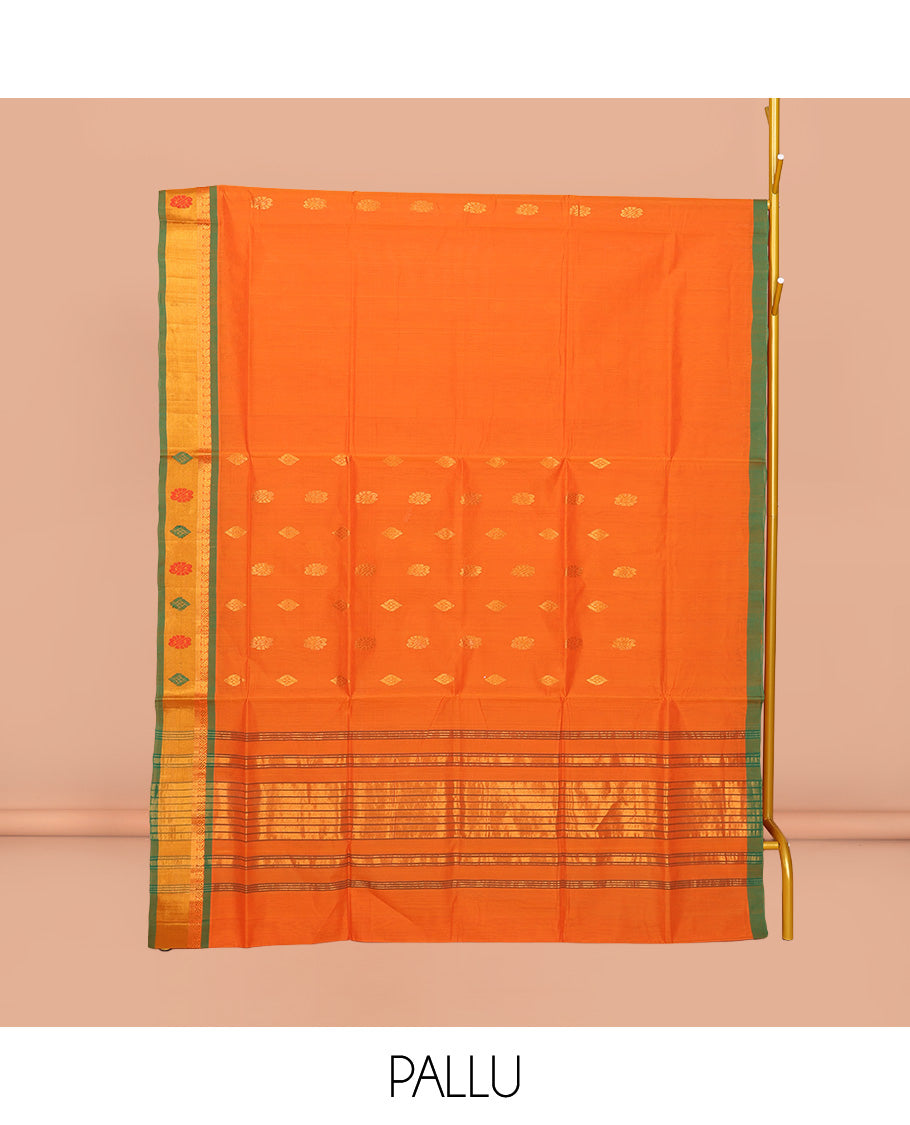 Orange Venkatagiri Cotton Saree Detailed with Buttas, a Contrast Zari-Thread Border, Pallu of Stripes, and No Blouse