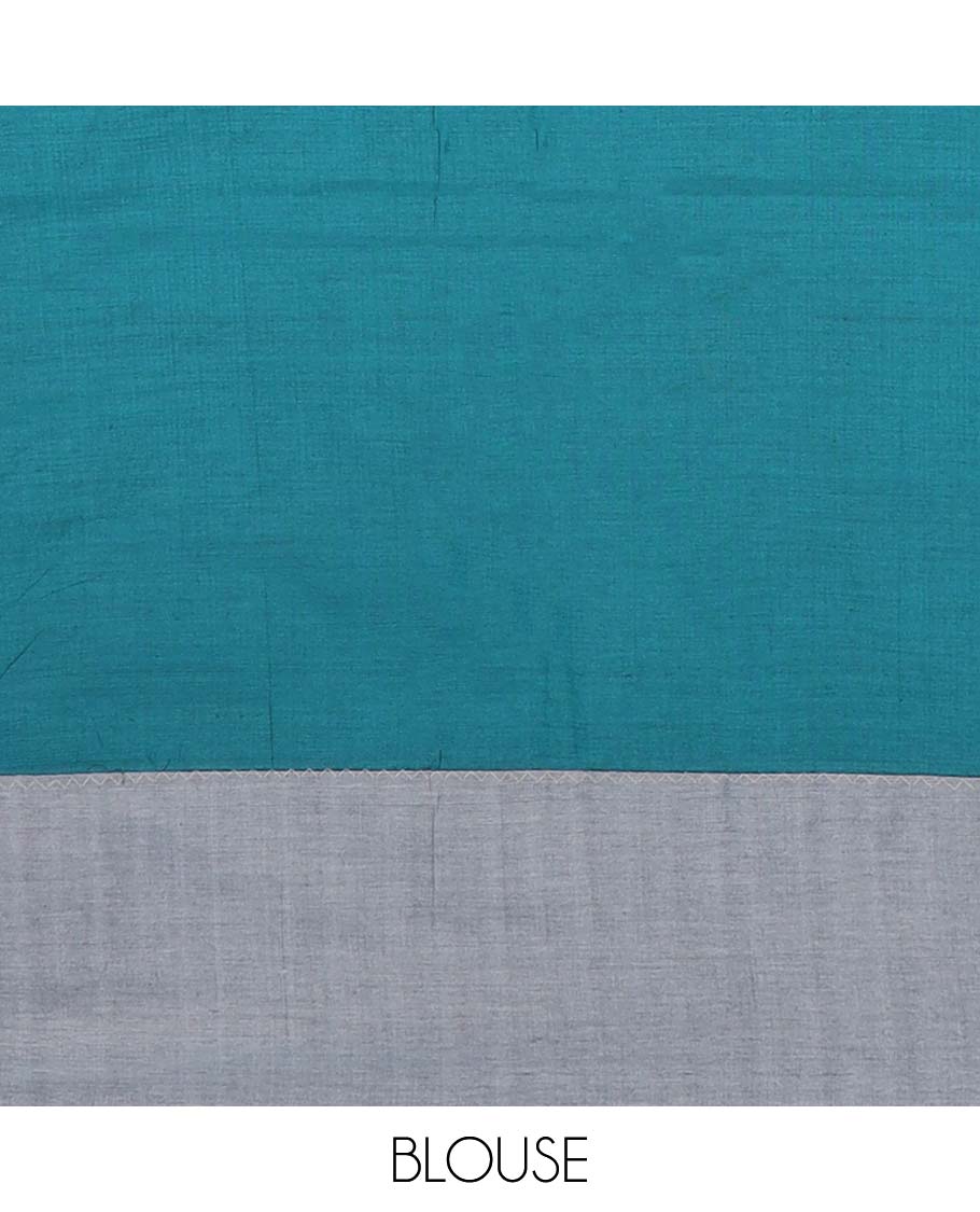 Grey paisley motifs printed poly cotton saree, contrast leaf creeper border, and pallu of intricate design