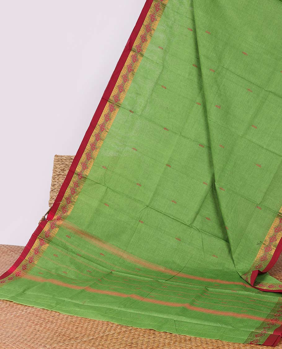 Green buttas Chettinad cotton saree, contrast unique design border & pallu of buttas