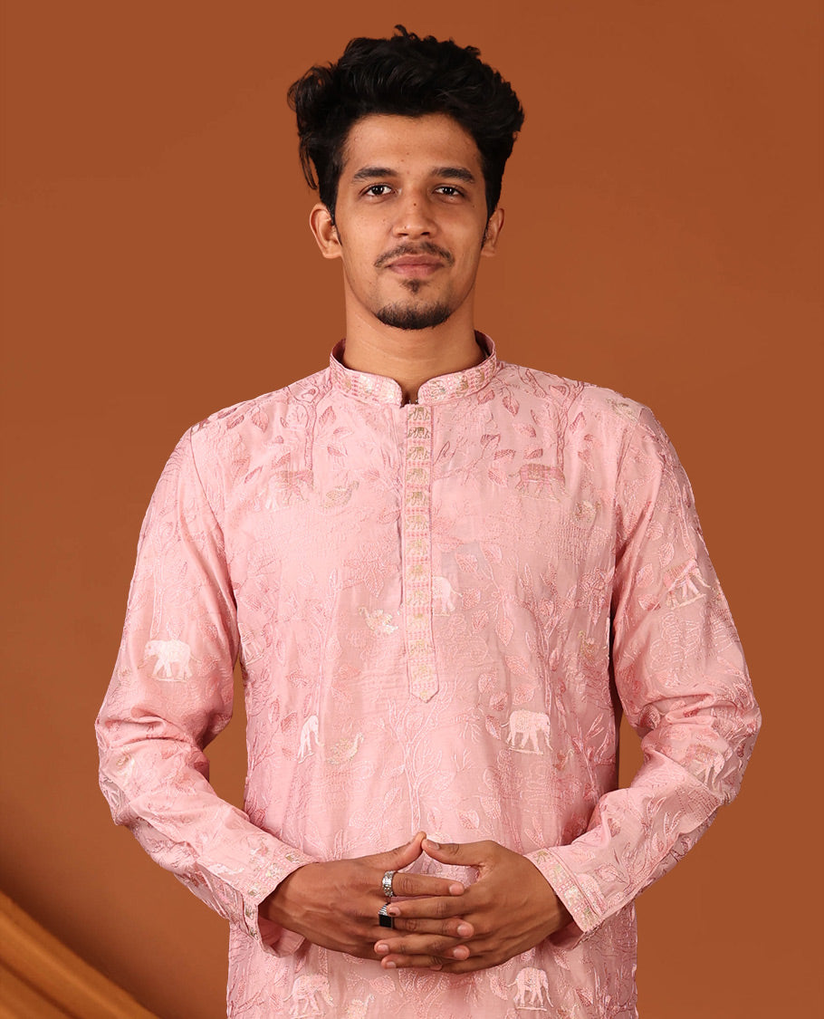Pink Floral and Fauna Thread Embroidered Full-Sleeved Men's Kurta Comes with Contrast Pants