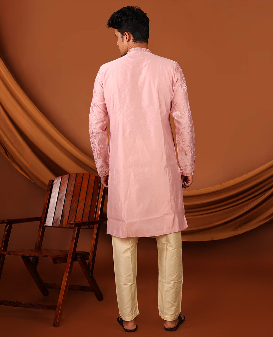 Pink Floral and Fauna Thread Embroidered Full-Sleeved Men's Kurta Comes with Contrast Pants
