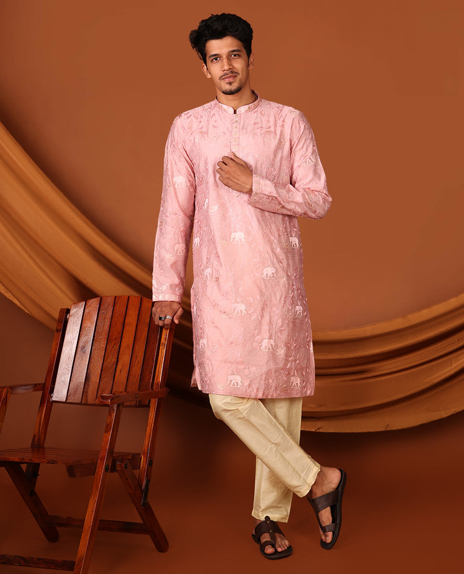 Pink Floral and Fauna Thread Embroidered Full-Sleeved Men's Kurta Comes with Contrast Pants