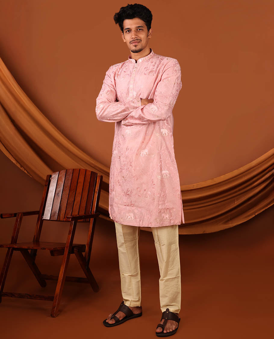 Pink Floral and Fauna Thread Embroidered Full-Sleeved Men's Kurta Comes with Contrast Pants