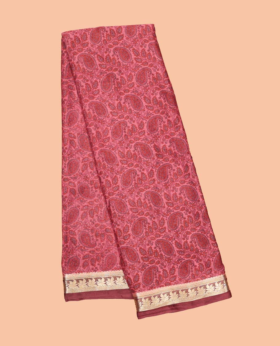 Pink paisley printed semi-banaras printed saree, contrast floral border & intricate pallu