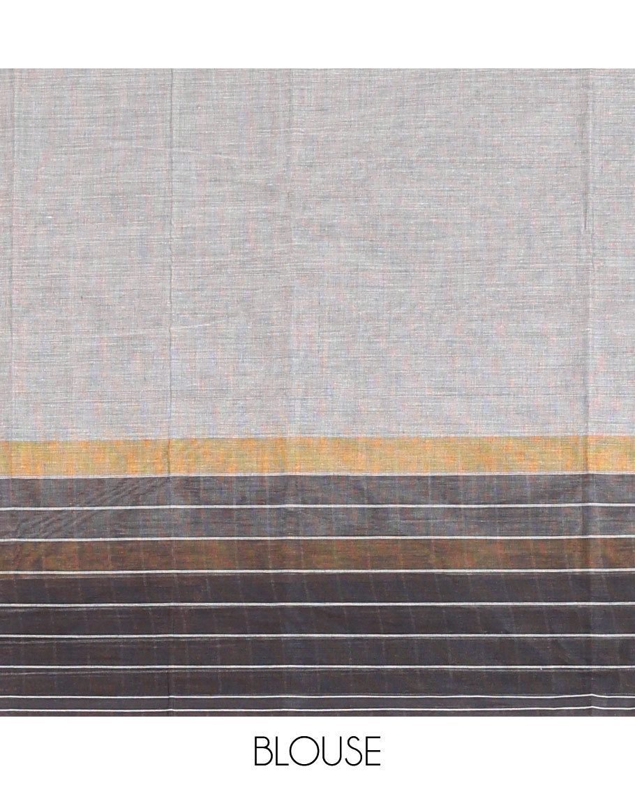Grey striped Chirala cotton saree, contrast checked border & striped pallu