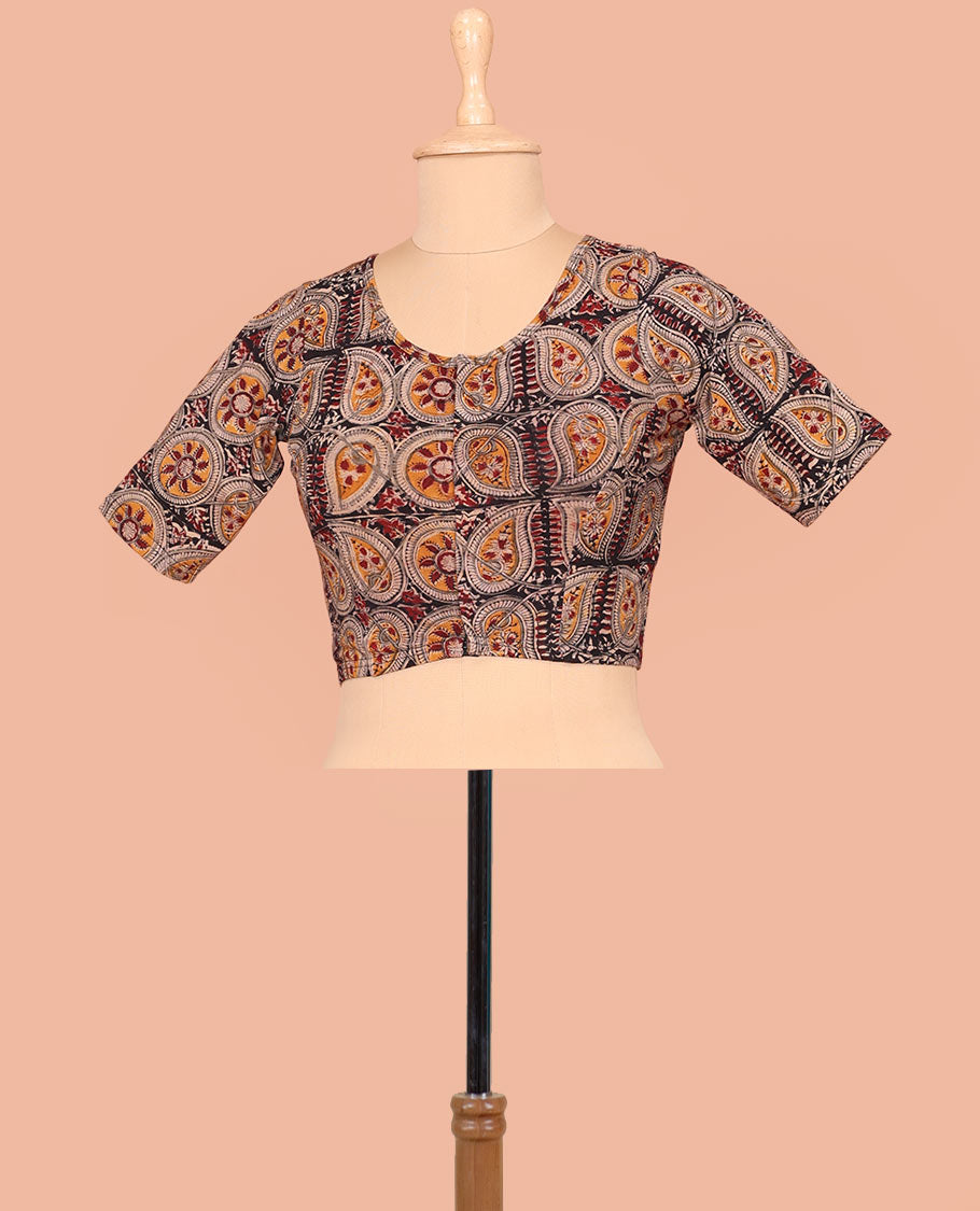 Black Cotton Readymade Blouse Detailed with Chakram and Paisley Vine Print, Featuring a Front V-Neck, a Closed Back Neck, and Elbow Sleeves