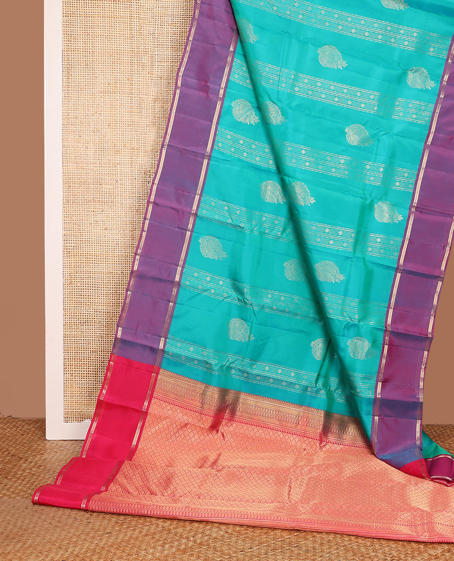 Blue zari design Vasundhara silk mix, contrast rettai pettu border, and contrast jaal pallu