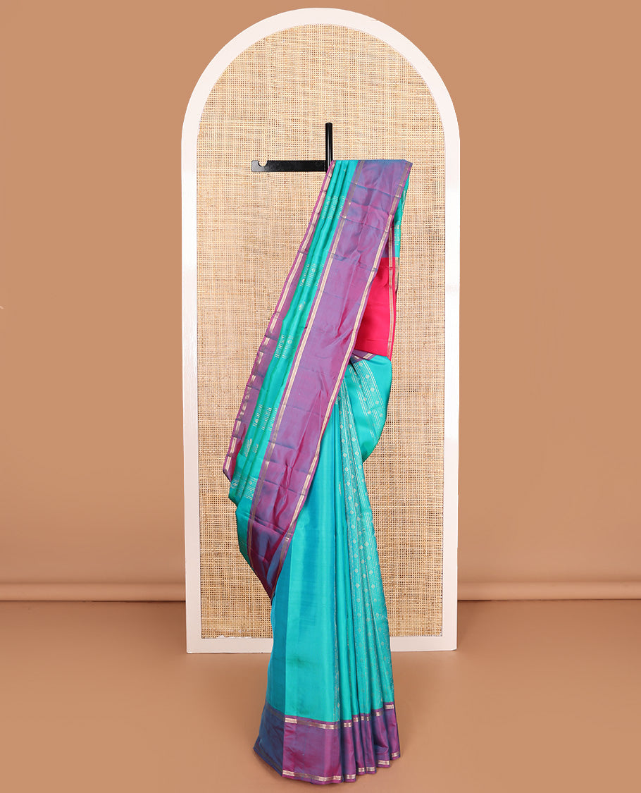 Blue zari design Vasundhara silk mix, contrast rettai pettu border, and contrast jaal pallu
