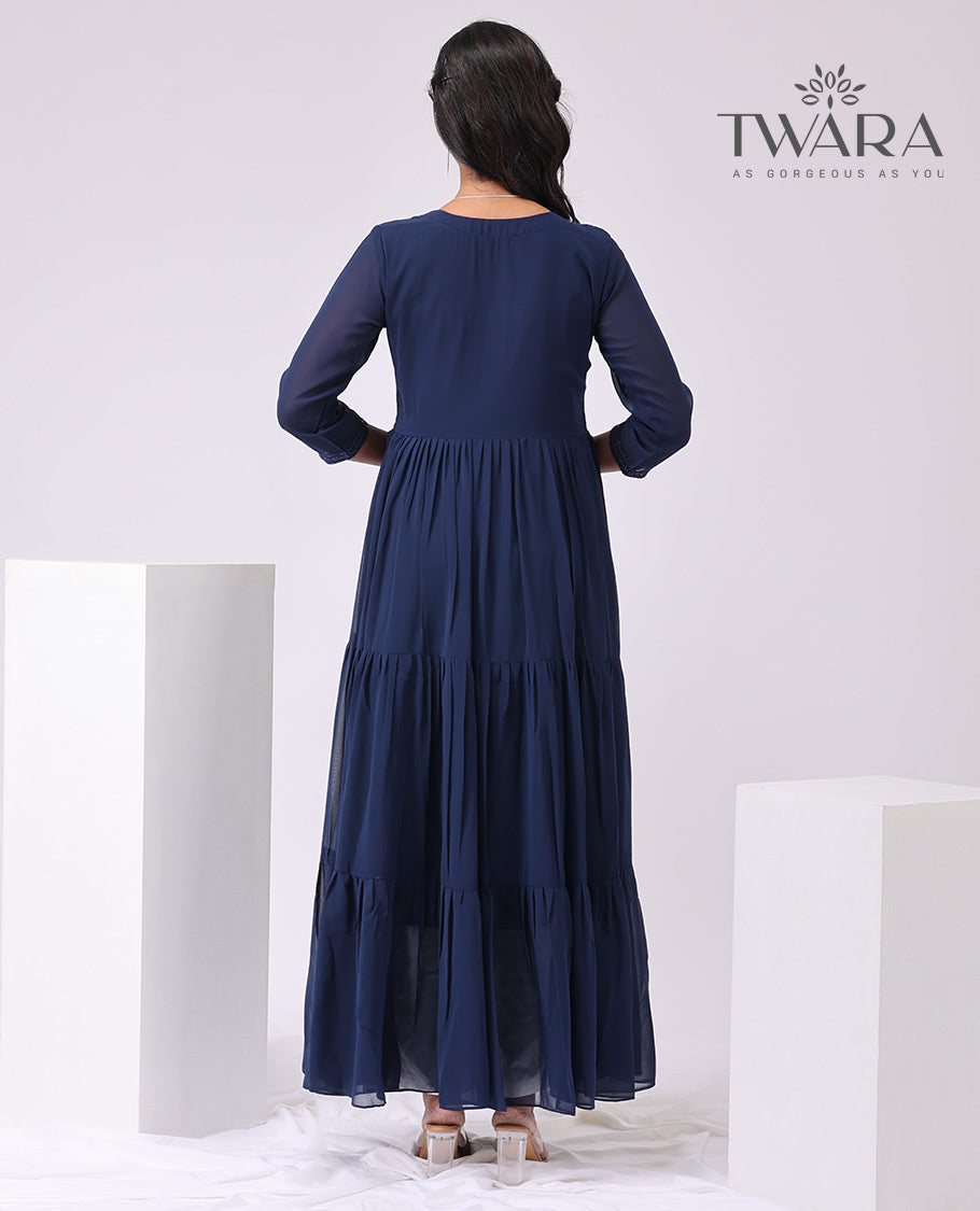 Twara blue floral embroidered round neck , 3/4 th sleeve , full lenght kurti