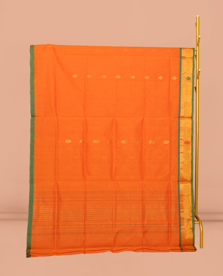 Orange Venkatagiri Cotton Saree Detailed with Buttas, a Contrast Zari-Thread Border, Pallu of Stripes, and No Blouse