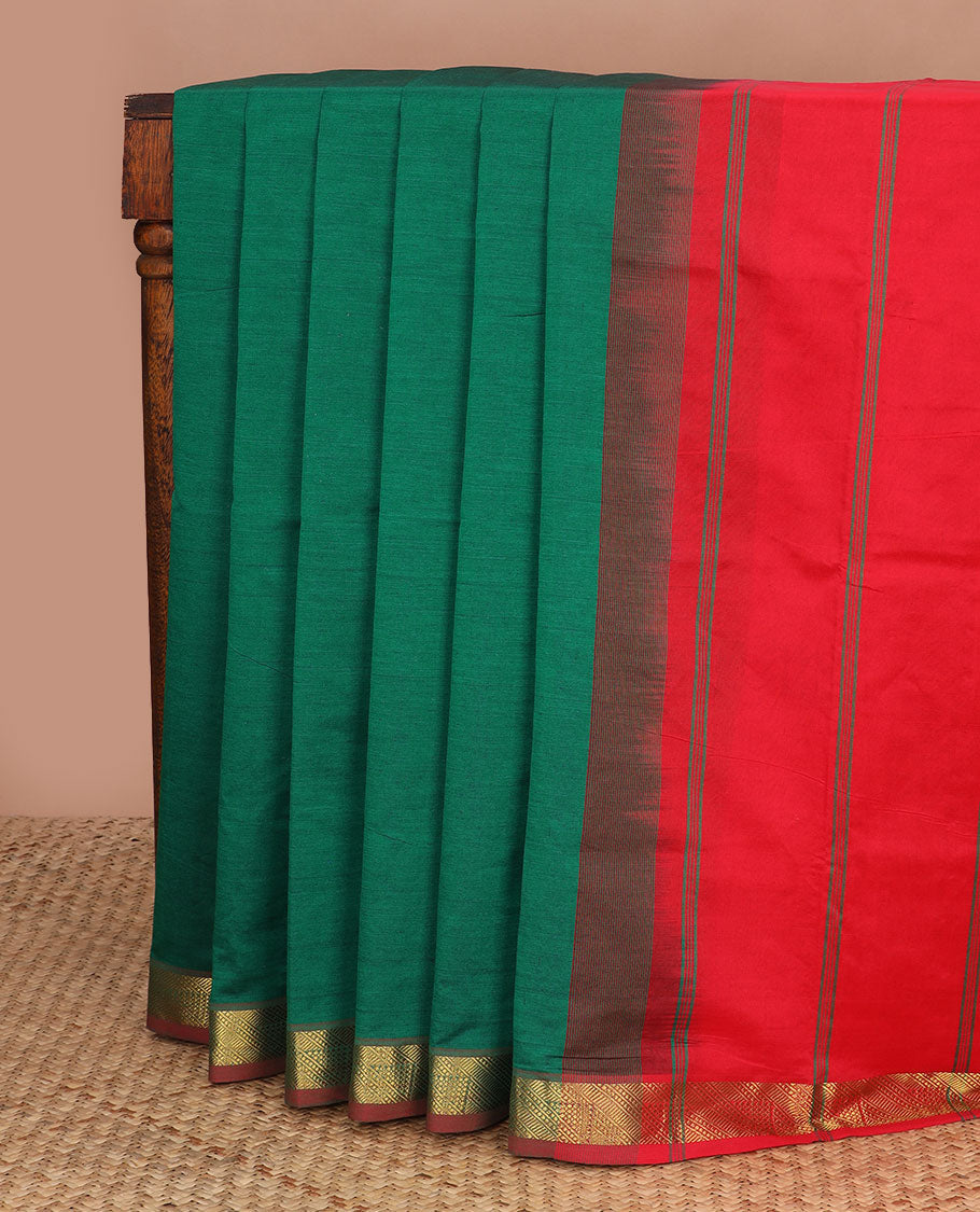 Green plain design poly cotton saree, contrast zari border & striped pallu