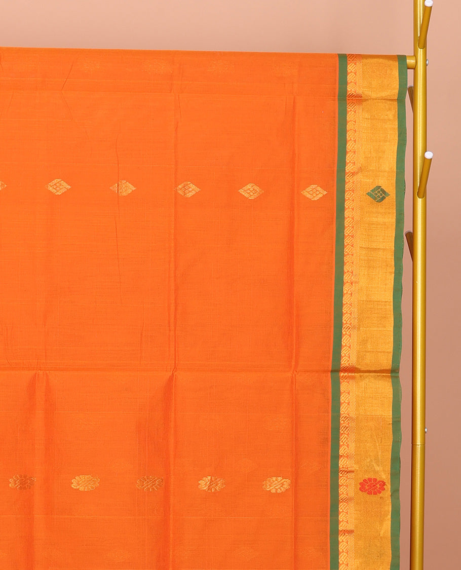 Orange Venkatagiri Cotton Saree Detailed with Buttas, a Contrast Zari-Thread Border, Pallu of Stripes, and No Blouse