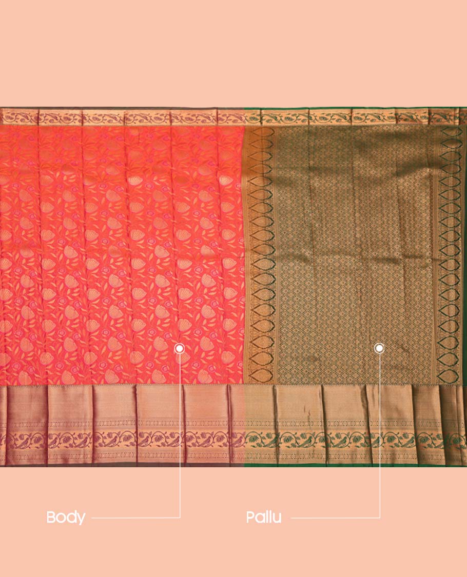 Orange Budget Silk Saree, Finely Crafted with Jacquard, Complemented by a Contrast Traditional Zari Border, Grand Jaal Pallu, and a Contrast Blouse