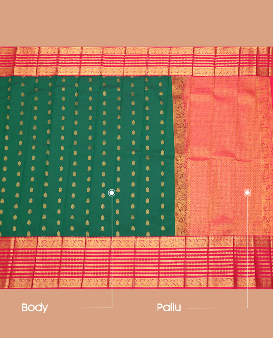 Green Budget Silk Saree, Detailed with Zari Buttas, Complemented by a Contrast Traditional Zari Border, Grand Pallu, and a Contrast Blouse