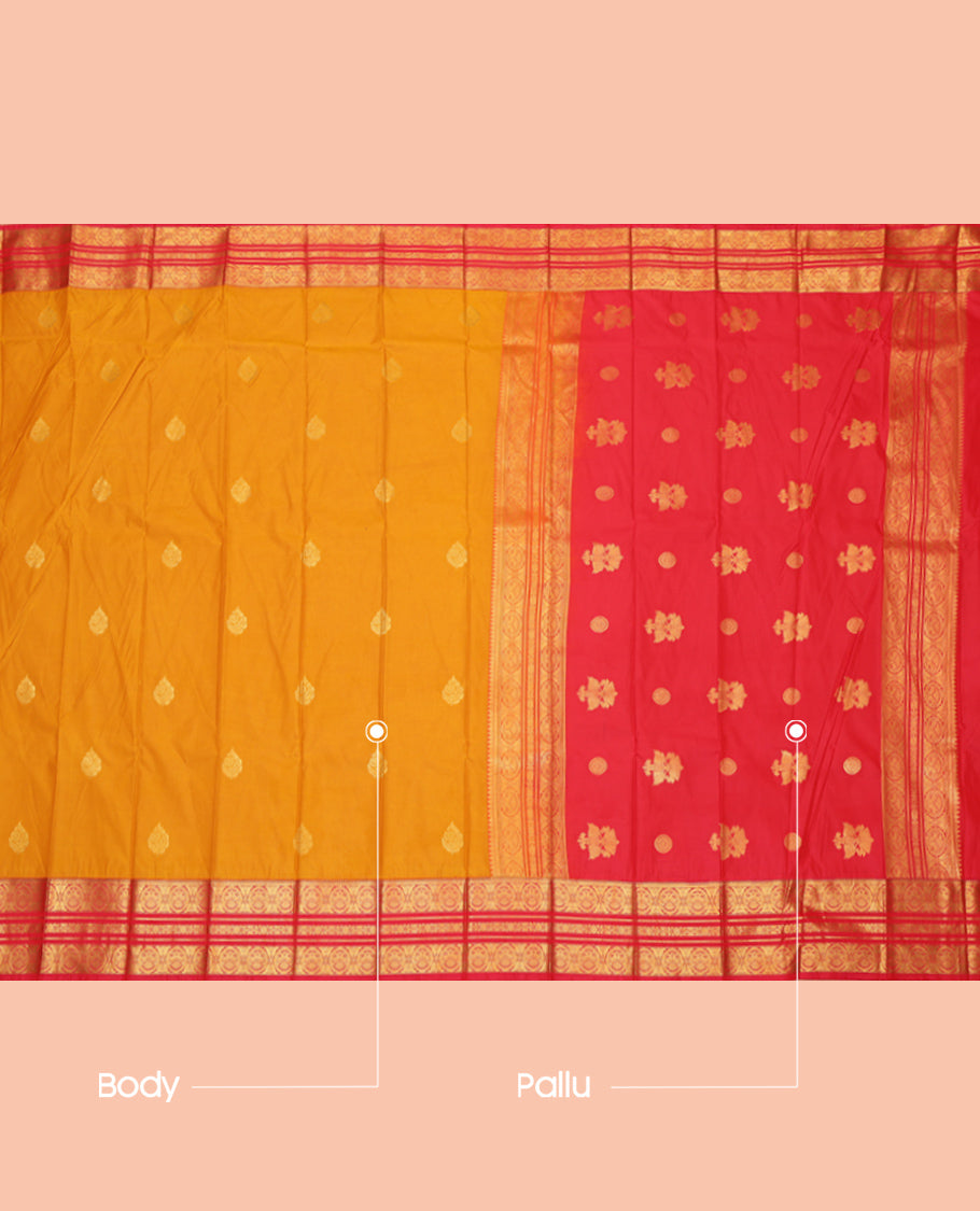 Mustard Budget Silk Saree, Accentuated with Zari Buttas, Complemented by Contrast Traditional Zari Border, a Grand Pallu and a Contrast Blouse