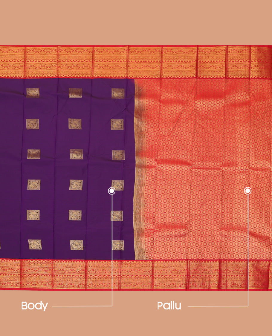 Violet Budget Silk Saree, Spotlighted with Peacock Buttas, a Contrast Traditional Zari Border, Grand Pallu, and a Contrast Blouse