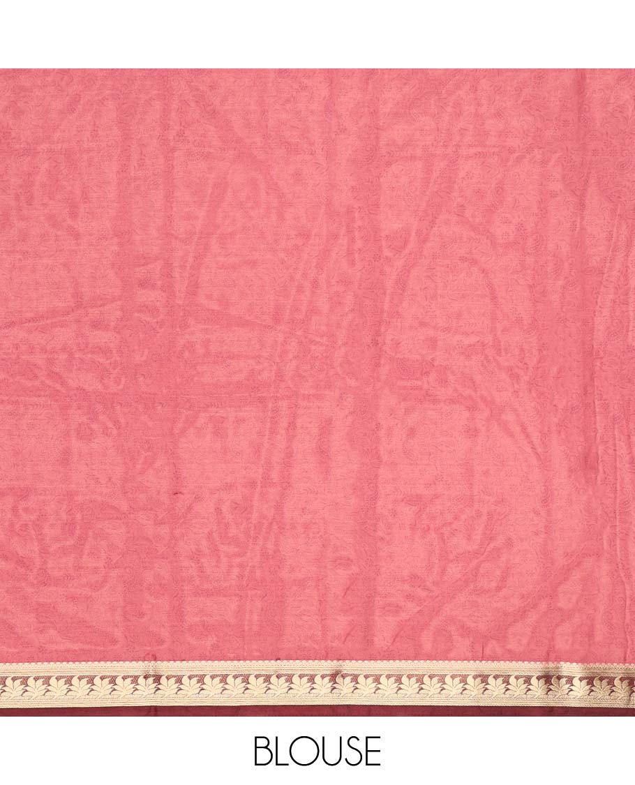 Pink paisley printed semi-banaras printed saree, contrast floral border & intricate pallu