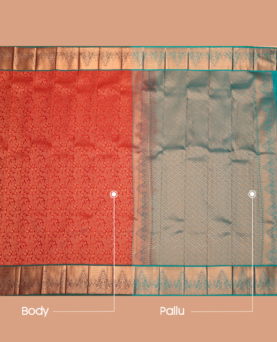Orange Budget Silk Saree, Highlighted by Jacquard Design, Complemented by a Contrast Zari Border, Grand Pallu, and Contrast Blouse