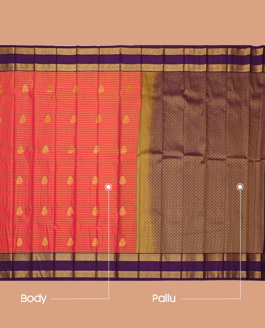 Orange Budget Silk Saree, Detailed with Zari Buttas and Stripes on Its Body, Complemented by a Contrast Traditional Zari Design Rettai Pettu Border, Grand Jaal Pallu, and Paired with a Contrast Blouse