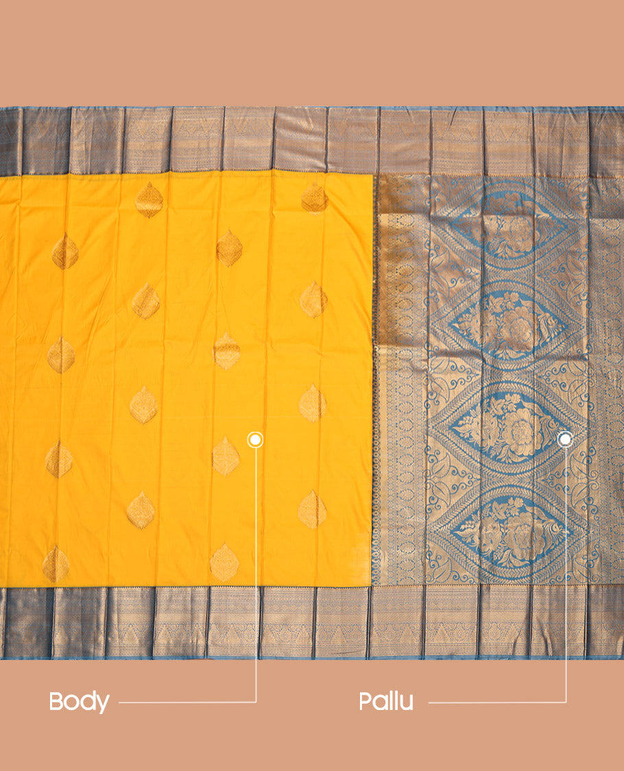 Yellow Budget Silk Saree, Sparsely Sparkled with Zari Buttas, Complemented by a Contrast Traditional Border, Grand Pallu, and a Contrast Blouse