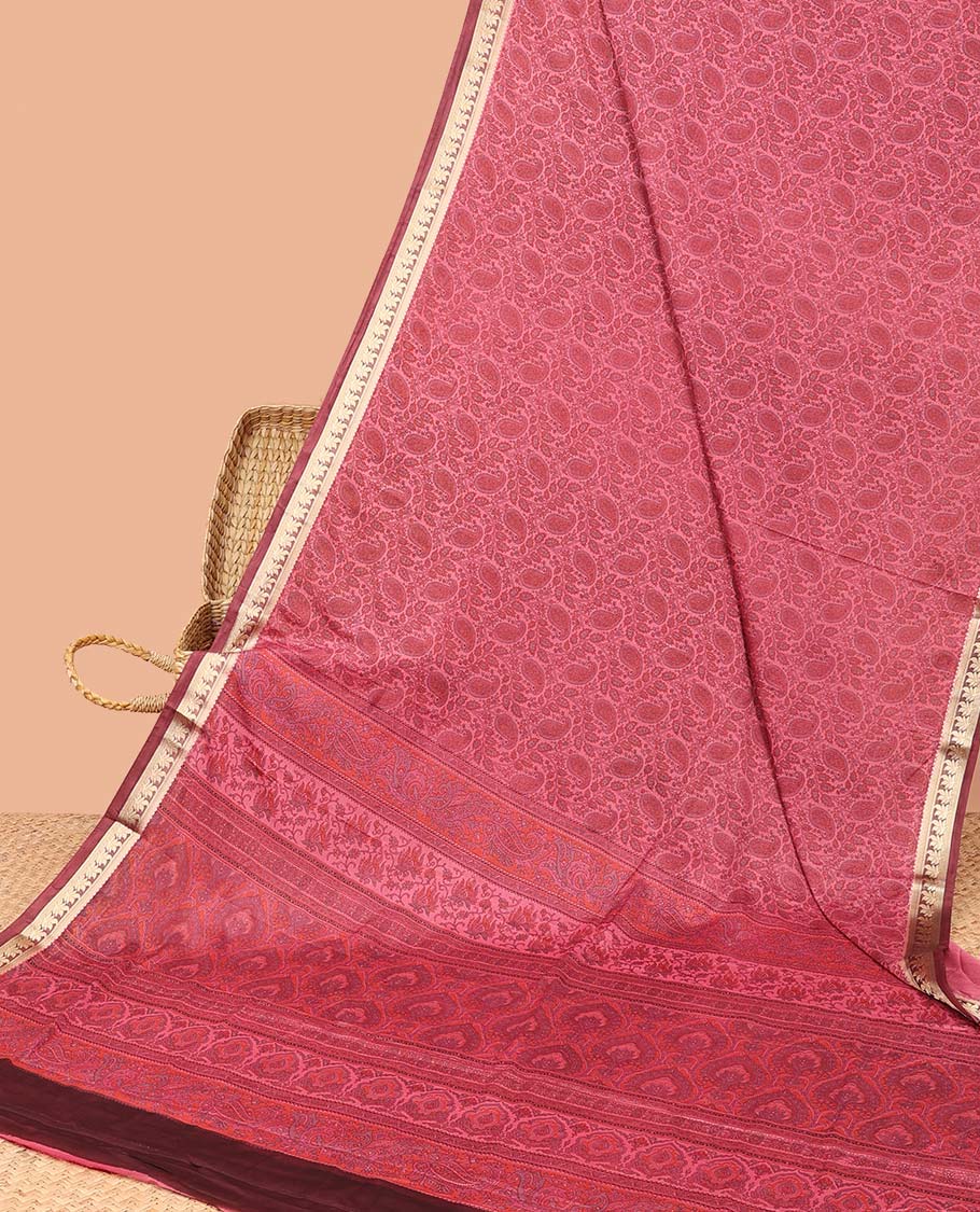Pink paisley printed semi-banaras printed saree, contrast floral border & intricate pallu