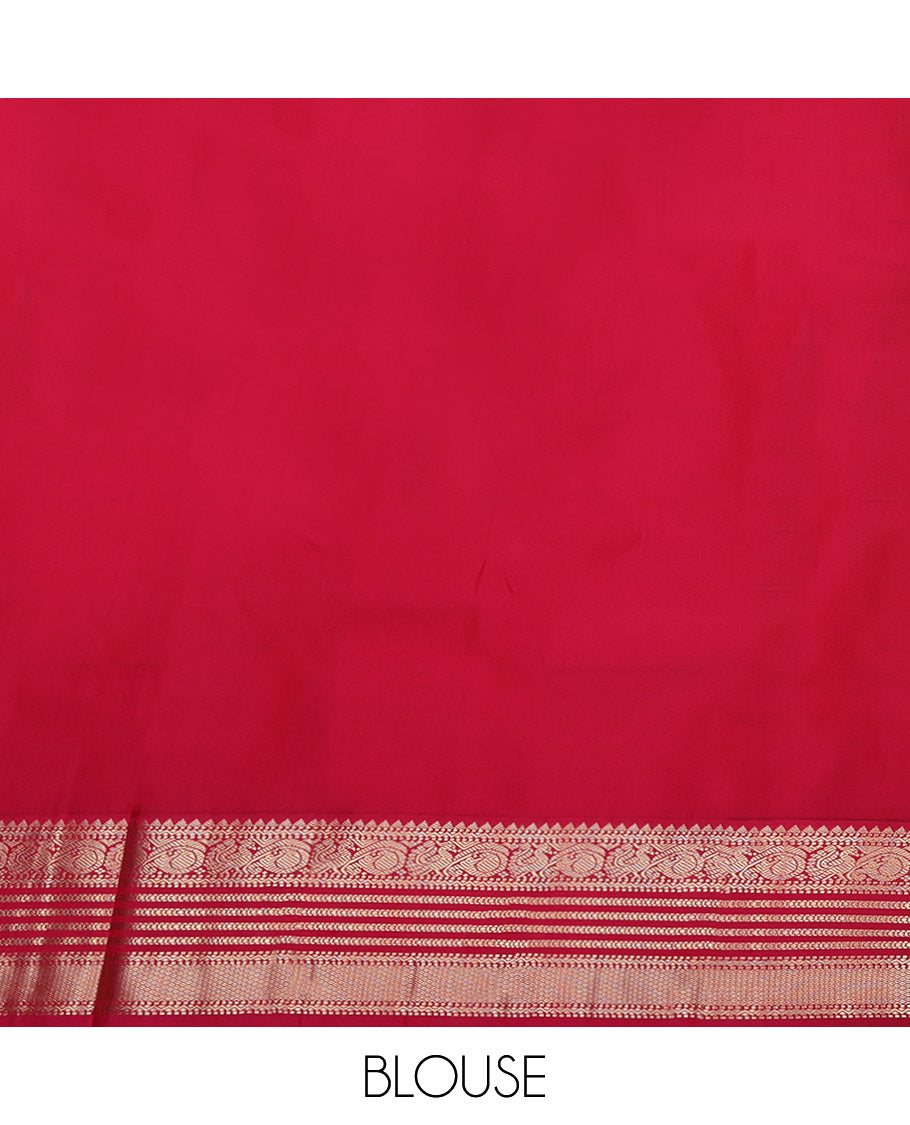 Yellow Budget Silk Saree, Accentuated with Zari Buttas on Its Body, Complemented by a Contrast Traditional Zari Border of Peacock Designs, Grand Pallu, and Paired with a Contrast Blouse