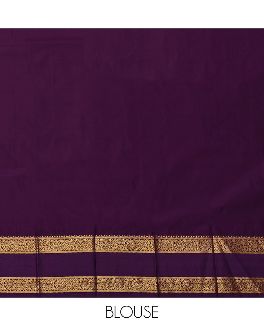 Orange Budget Silk Saree, Detailed with Zari Buttas and Stripes on Its Body, Complemented by a Contrast Traditional Zari Design Rettai Pettu Border, Grand Jaal Pallu, and Paired with a Contrast Blouse